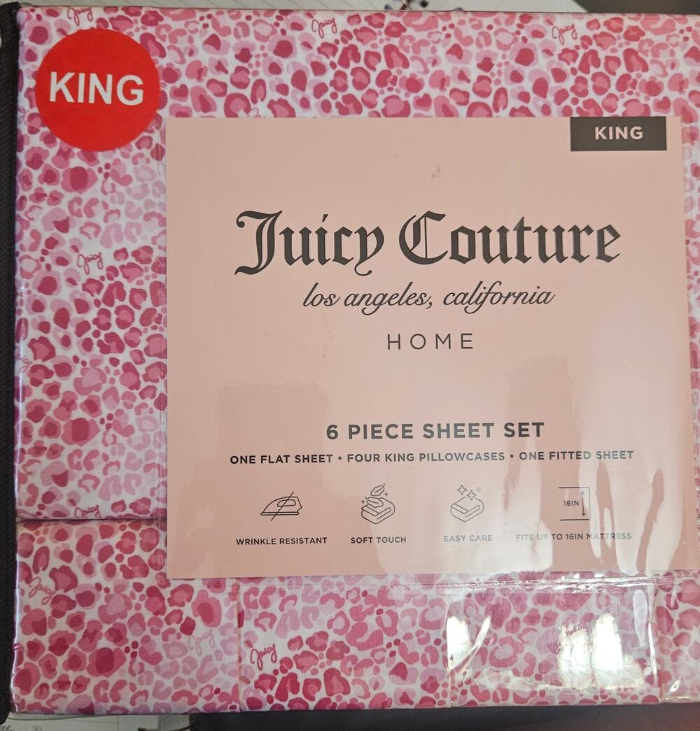 Juicy Couture 6 piece King Size Sheet Set Leopard Cheetah Pink NIP Animal